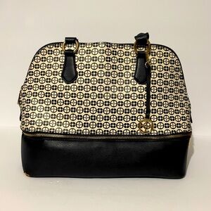 IMAN Black Beige Signature Logo Print MEDIUM Satchel Handle CROSSBODY PURSE